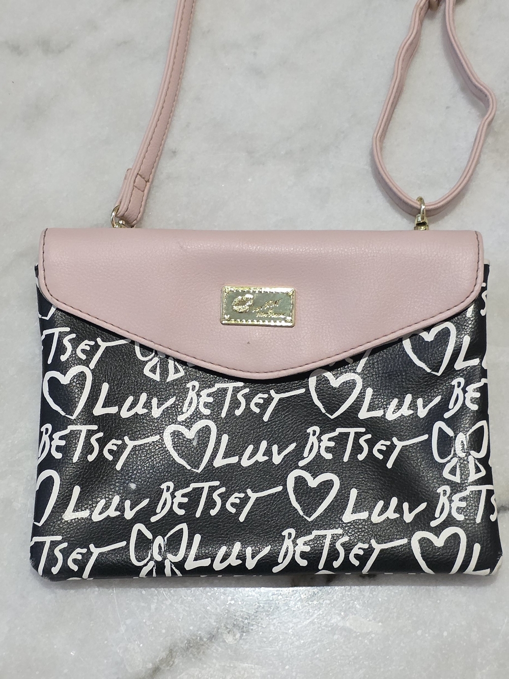 Betsey Johnson Pink & Black Luv Crossbody Bag